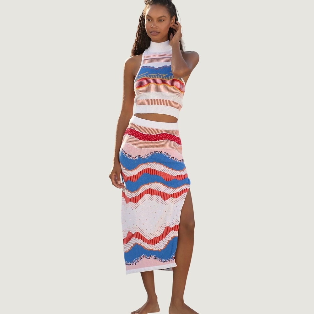Anthropologie Cotton Knit 2 Piece Set Mock Neck Crop Top Midi Skirt Large Boho